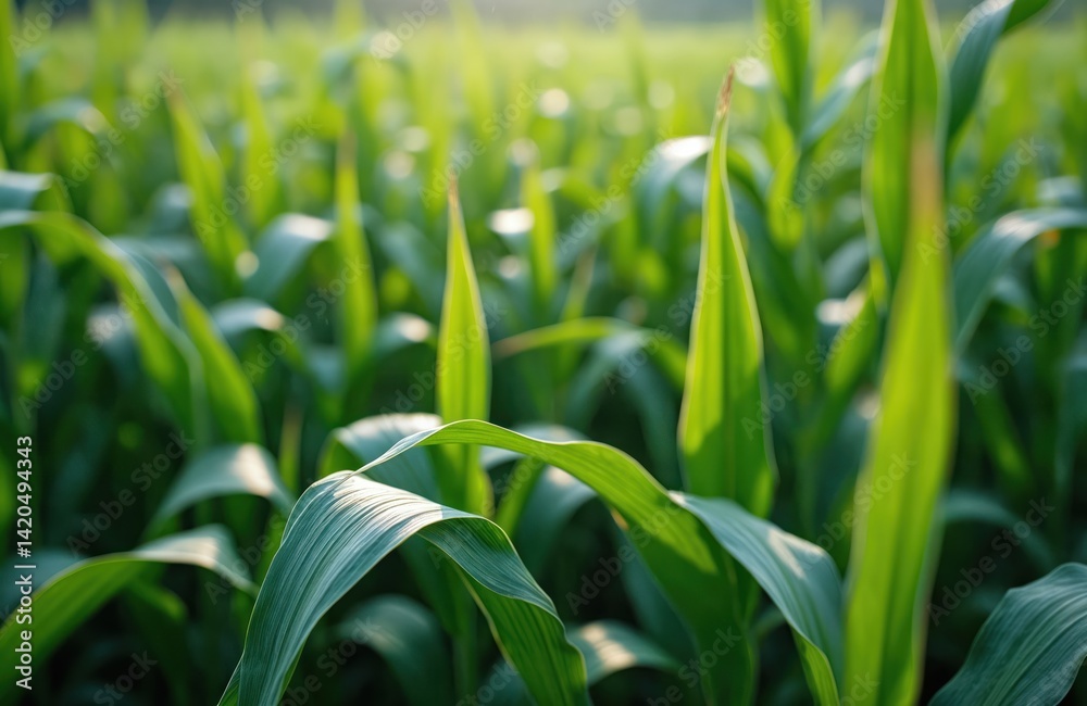 Obraz premium Green corn maize plants in a field. Agricultural landscape, rural scene. Fresh green leaves, organic farm growth during summer. Crop season in nature.
