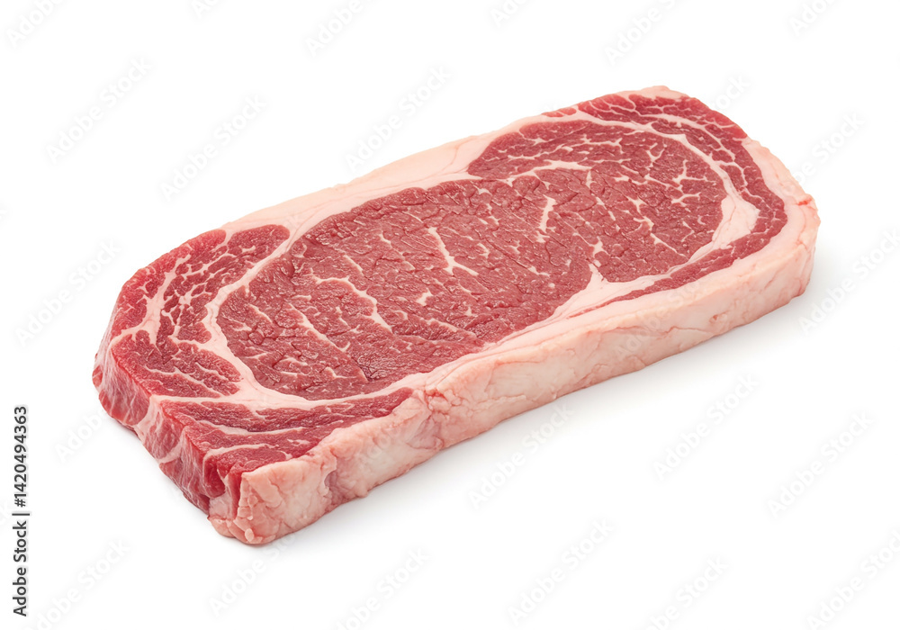 Raw beef steak with marbled fat placed on a clean white background. Uncooked meat slab, fresh and red, ideal for grilling, cooking, or culinary content in food blogs, ads, and recipes. Raw beef steak with marbled fat placed on a clean white background. Uncooked meat slab, fresh and red, ideal for grilling, cooking, or culinary content in food blogs, ads, and recipes.