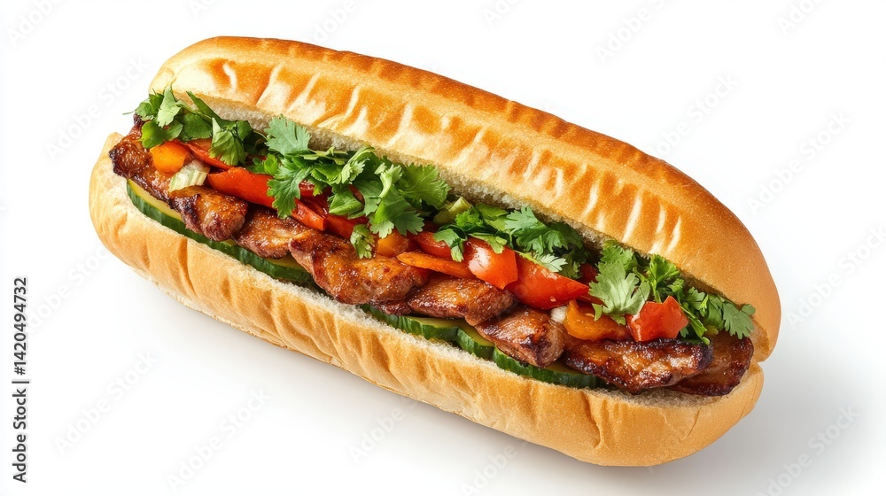 This appetizing sandwich is filled with meats and fresh vegetables This appetizing sandwich is filled with meats and fresh vegetables