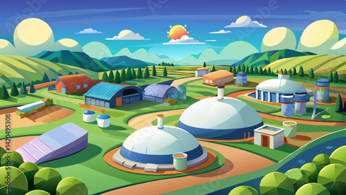 Drone shot of an eco-friendly biogas facility with circular digesters and methane storage domes, integrated into the rural countryside with fields stretching .