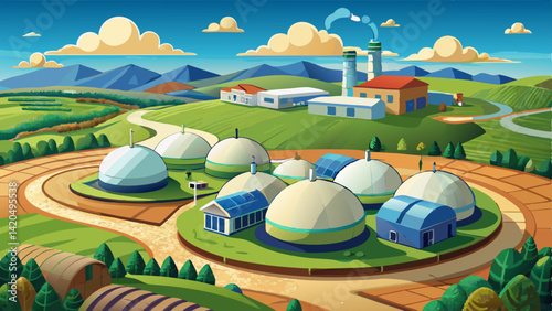 Drone shot of an eco-friendly biogas facility with circular digesters and methane storage domes, integrated into the rural countryside with fields stretching .