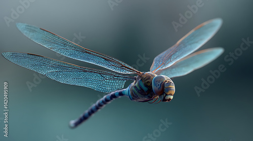 stunning dragonfly in mid air, showcasing its intricate wings and vibrant colors, creating sense of wonder and beauty in nature