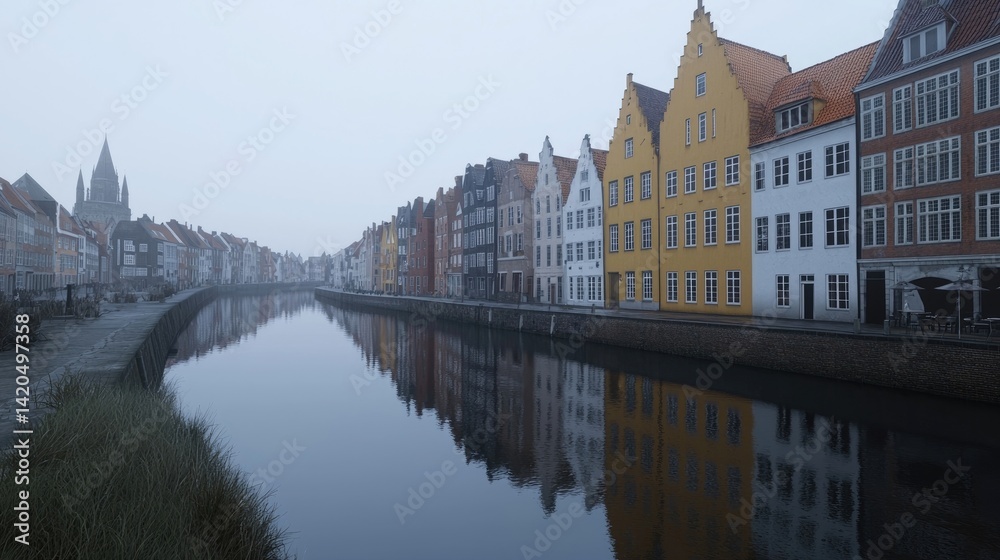 Obraz premium Misty canal lined with colorful historic buildings