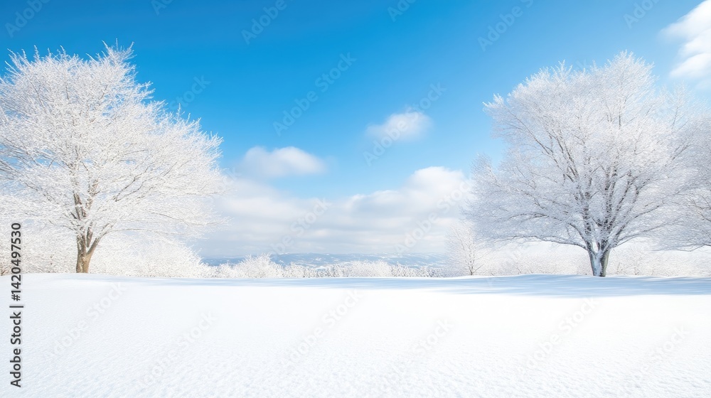 Fototapeta premium Winter wonderland landscape with frosted trees under a vibrant blue sky
