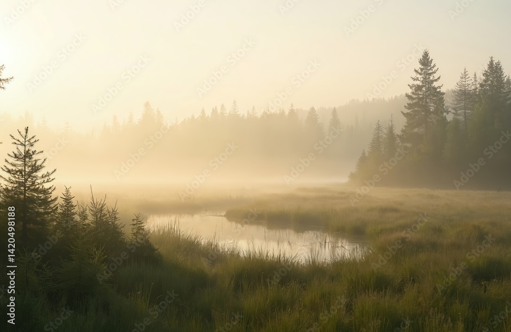 Fototapeta Misty summer morning flooded meadow in Oulanka National Park Northern Finland. Lush green forest trees in fog. Early sunrise over wetlands. Peaceful tranquil nature landscape in wilderness.