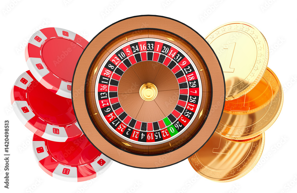 Casino Roulette with poker chips and golden coins. 3D rendering isolated on transparent background