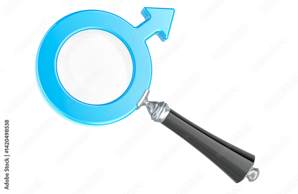 Male gender symbol as loupe, magnifying glass. 3D rendering isolated on transparent background