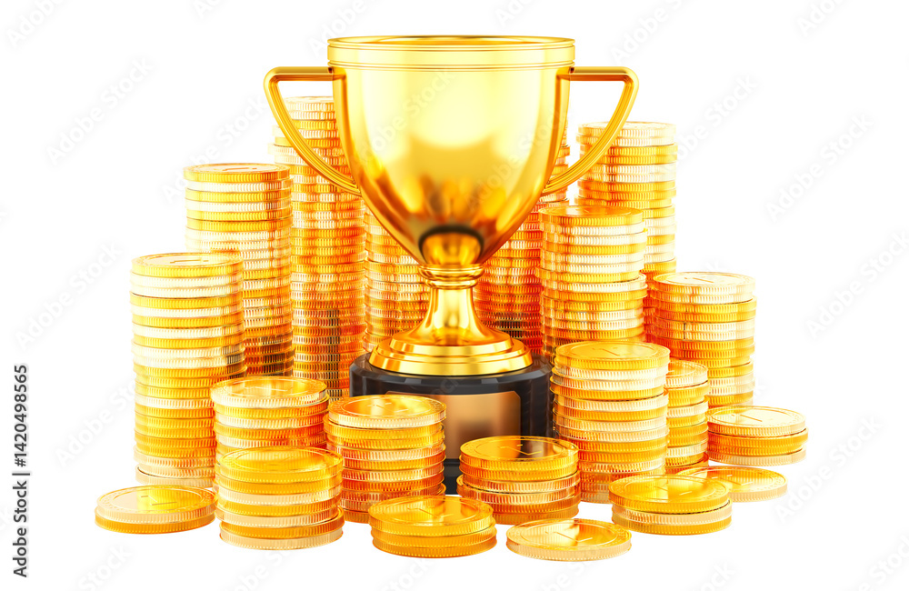 Gold trophy cup award with stack of golden coins. 3D rendering isolated on transparent background