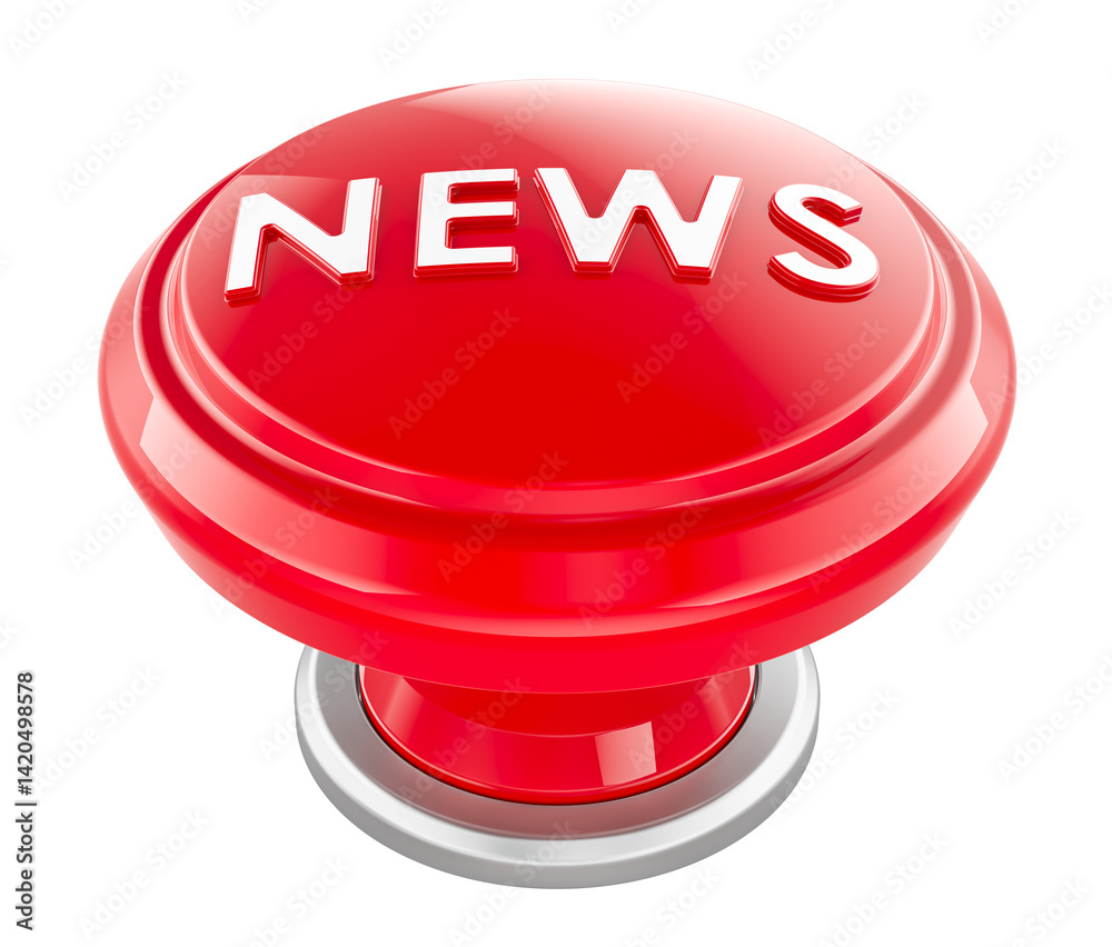 News Red Push Button. 3D rendering isolated on transparent background