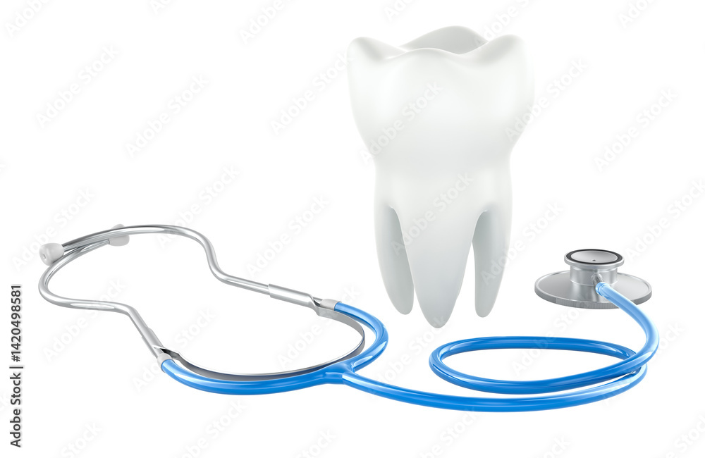 Tooth with stethoscope. Diagnostic and treatment concept, 3D rendering isolated on transparent background