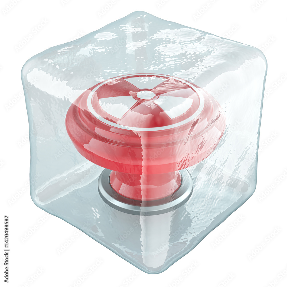 Preventing World War 3, concept. Nuclear button frozen in ice cube, 3D rendering isolated on transparent background