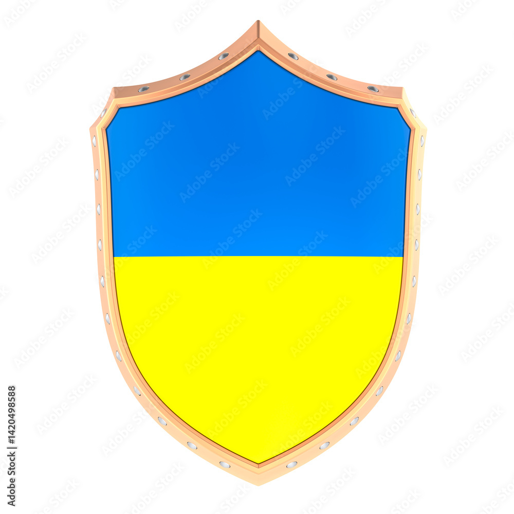 Shield with Ukrainian flag, 3D rendering isolated on transparent background
