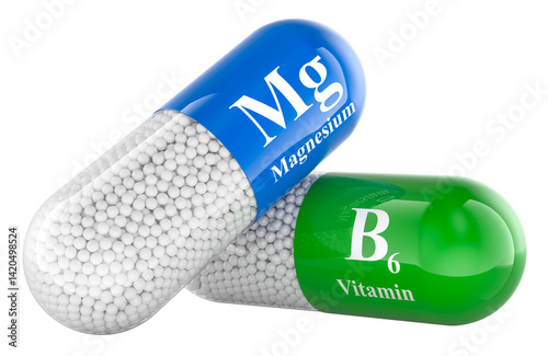 Magnesium B6 capsules. 3D rendering isolated on transparent background