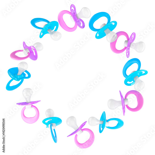 Frame from baby pacifiers. Blue and pink colors, round. 3D rendering isolated on transparent background