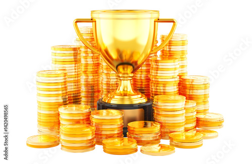 Gold trophy cup award with stack of golden coins. 3D rendering isolated on transparent background