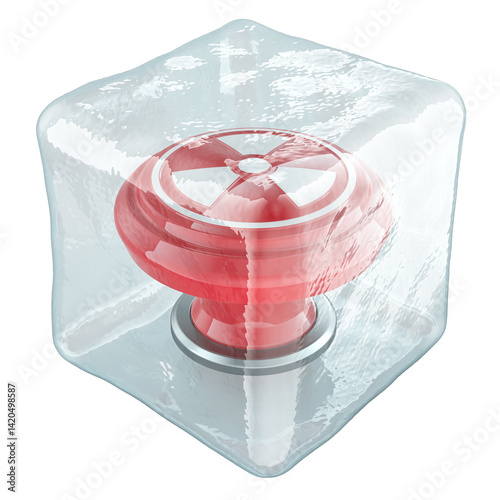 Obraz na płótnie Preventing World War 3, concept. Nuclear button frozen in ice cube, 3D rendering isolated on transparent background w salonie