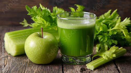 Fresh green detox juice made from celery and apple, served glass, surrounded by fresh celery stalks and green apple. This vibrant drink is perfect for health enthusiasts seeking refreshing boost