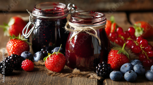 Homemade jam jars filled with fresh berry preserves, surrounded by vibrant strawberries, blueberries, and blackberries, create delightful and inviting scene