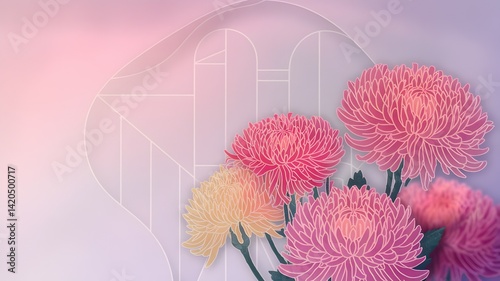 A soft and romantic illustration of vividly colored chrysanthemums with a subtle graphic pattern in the background.