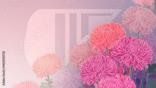 A soft and romantic illustration of vividly colored chrysanthemums with a subtle graphic pattern in the background.