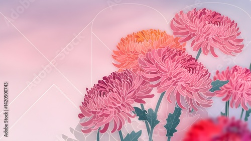 A soft and romantic illustration of vividly colored chrysanthemums with a subtle graphic pattern in the background.