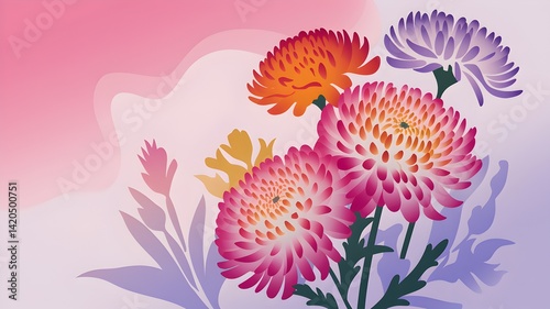 A soft and romantic illustration of vividly colored chrysanthemums with a subtle graphic pattern in the background.