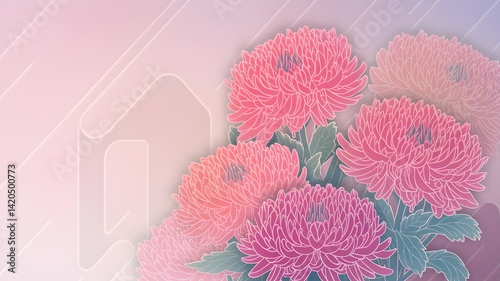 A soft and romantic illustration of vividly colored chrysanthemums with a subtle graphic pattern in the background.