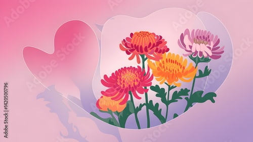 A soft and romantic illustration of vividly colored chrysanthemums with a subtle graphic pattern in the background.