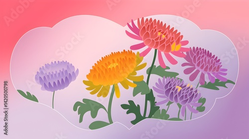 A soft and romantic illustration of vividly colored chrysanthemums with a subtle graphic pattern in the background.