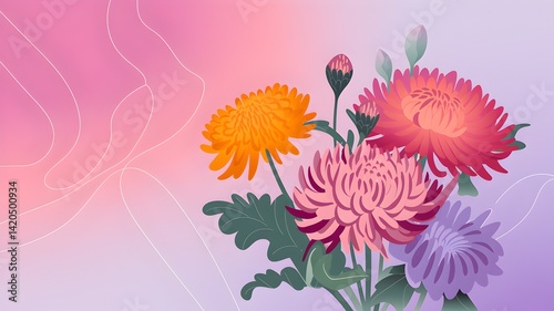 A soft and romantic illustration of vividly colored chrysanthemums with a subtle graphic pattern in the background.