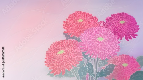 A soft and romantic illustration of vividly colored chrysanthemums with a subtle graphic pattern in the background.