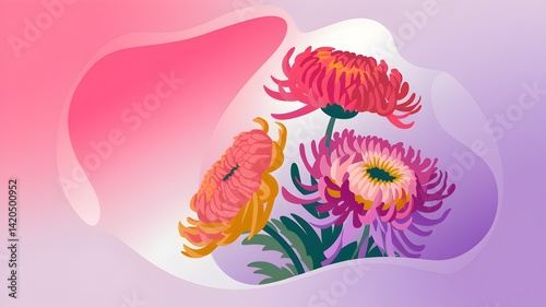 A soft and romantic illustration of vividly colored chrysanthemums with a subtle graphic pattern in the background.