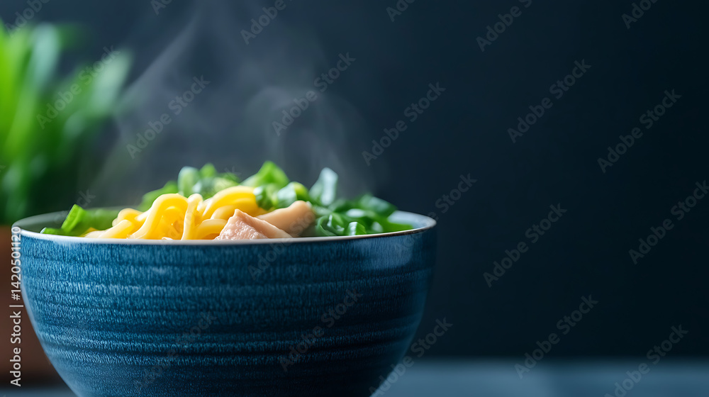 steaming bowl of noodles with fresh greens and tender chicken pieces, set against dark background, evokes warmth and comfort. vibrant colors and steam rising create inviting atmosphere steaming bowl of noodles with fresh greens and tender chicken pieces, set against dark background, evokes warmth and comfort. vibrant colors and steam rising create inviting atmosphere