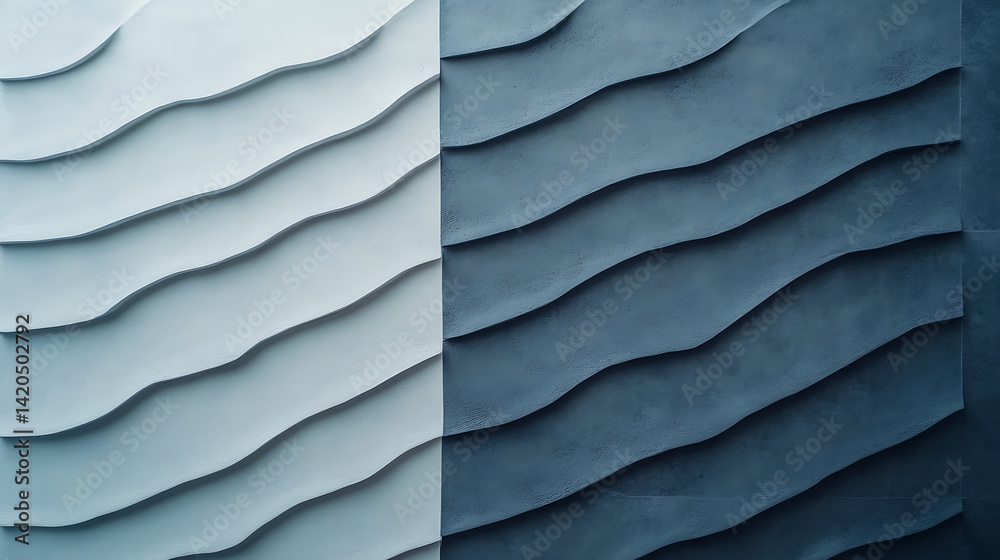 Obraz premium Textured wall with wavy patterns in shades of white and dark blue, creating modern and artistic look. design adds depth and visual interest to any space, evoking sense of calm and sophistication