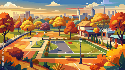 Panoramic view of a suburban park in Werribee, Melbourne, Australia with autumn foliage, a public basketball court, green open lawns, and pedestrian pathways
