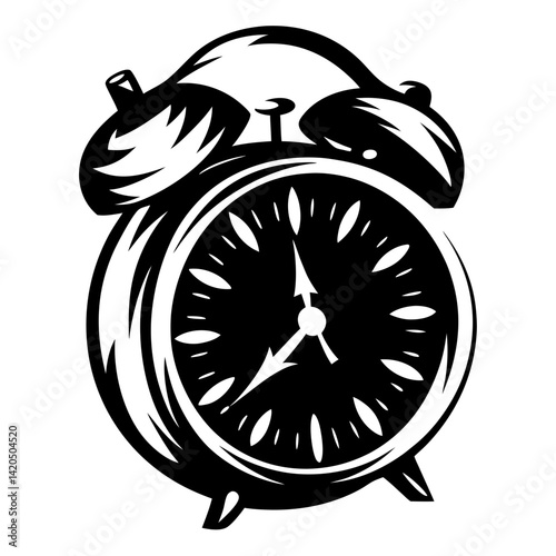 Monochromatic artistic illustration of a classic alarm clock showing a specific time