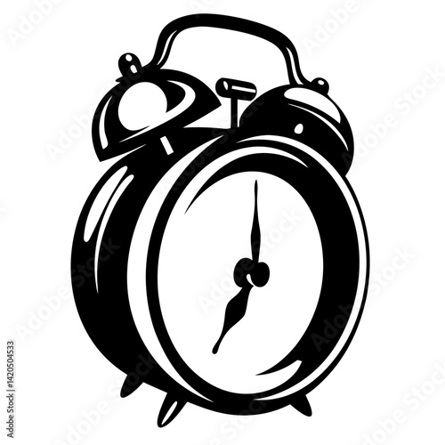 Stylized Black and White Illustration of a Vintage Alarm Clock with Bells