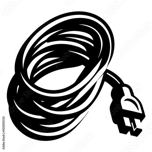 Coiled Power Cord with Plug in Black and White Vector Illustration