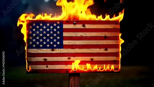 american flag on a fire, burning wooden sign with the american flag on it, Animation Motion Graphic Video 