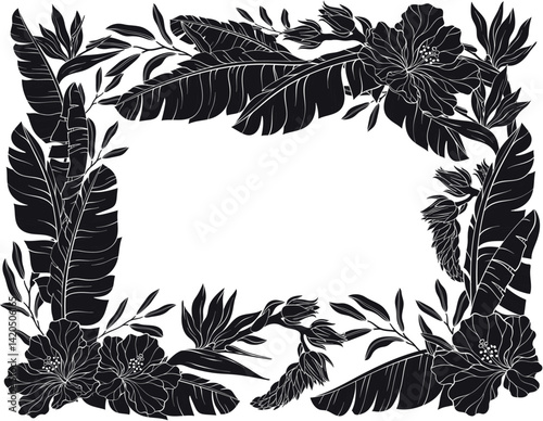 A vector Black silhouette illustration of a tropical floral frame featuring hibiscus flowers, bird of paradise blossoms, and lush banana leaves on a white background