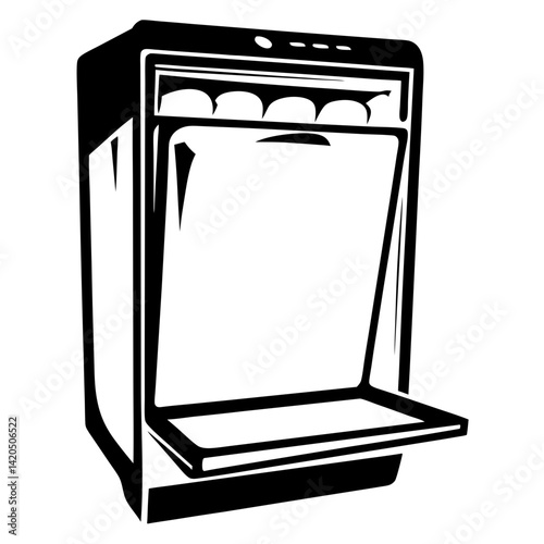 Monochrome illustration of an open dishwasher, showing its interior structure