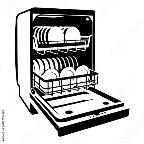 Black and white drawing of an open dishwasher filled with clean dishes