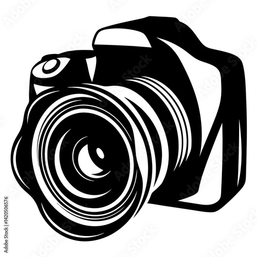 Stylized black and white illustration of a professional digital single lens reflex camera