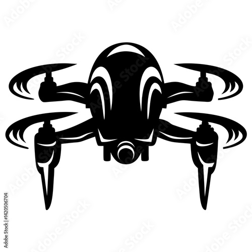 Stylized black and white drone vector image with sharp lines and curves