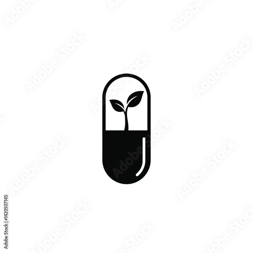 Herbal Medicine Sprout Growing Inside Pill Capsule Black And White Illustration