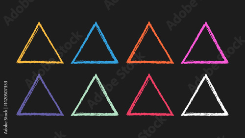 Handmade triangle vector shape frame. Messy sketch style scribble trace. Crayon pastel kids brush contour. Doodle triangle dirty line set. Vector illustration