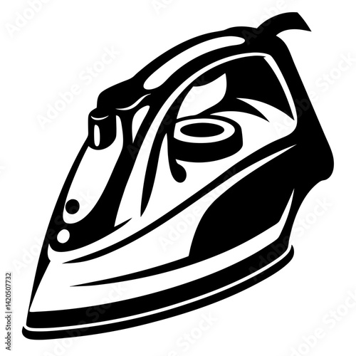Monochrome illustration of a steam iron with bold graphic lines design