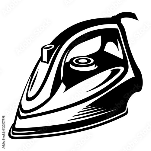 Monochrome illustration of a household steam iron with distinct design details