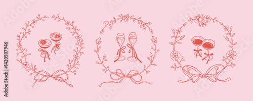 Set of filigree victorian style bar menu designs. Hand drawn doodle vector illustration. Wedding invitation, bachelorette party, birthday and Valentines day cards. Pink cute coquette girly drawing