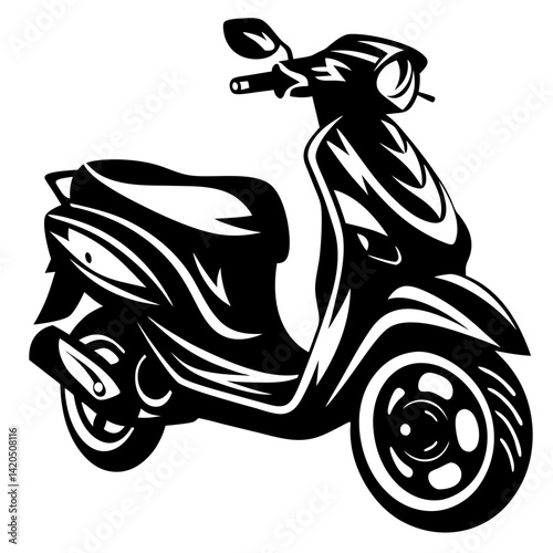 Monochrome rendition of a classic motor scooter featuring expressive stylized lines